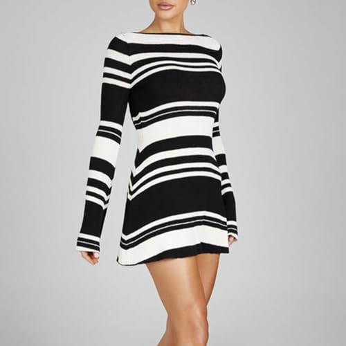 BBIQI Vestido feminino de manga comprida, sexy, listrado, costas nuas, com cadarço, casual, slim fit