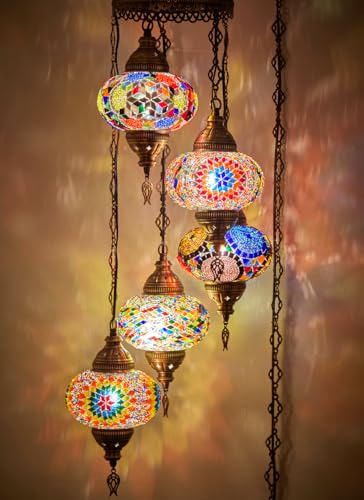 DEMMEX - 5-Large 7 Globes Turkish Moroccan Plug-in Chandelier - Tiffany Mosaic Glass Pendant Light Swag Hanging Lamp with 15 ft Cord & Chain 4 ft Drop for Living Room Bedroom & Dining Room