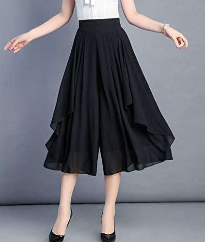Femiserah Women's High Elastic Waist Pleated Chiffon Wide Leg Capri Pants Culottes2