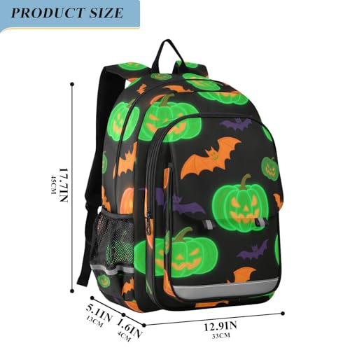 personalized kids backpacks for girls 8-12： lightweight book bags for teen in assorted colors - Light Up Pumpkin Bat Green Orange2