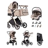 Kakbgee 3 in 1 Kinderwagen mit Babyschale, Faltbar Buggy, 7-fach höhenverstellbarem Griff, 4-Rad Federung, Regenschutz, Moskitonetz, Kombikinderwagen für Neugeborene 0-3 Jahre (15kg), Beige-Khaki