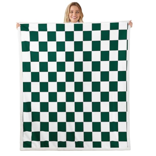 Image of Erosebridal Aesthetic Checkered Sherpa Blanket Twin 60 inchX80 inch White Green Checkerboard Fleece Bed Blanket,Buffalo Plaid Grid Throw Blanket for Kids Teen Adults Geometric Gingham Fuzzy Blanket