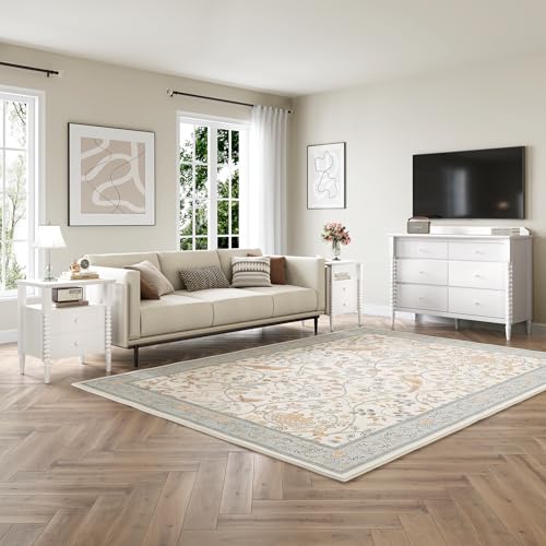 Image of JOINICE White End Table Set of 2 with Charging Station, Jenny Lind Spindle | Bedside Table for Bedroom, Living Room, Kids Room, Nightstand with 2 Large Drawers, Solid Wood Legs, Easy Assembly