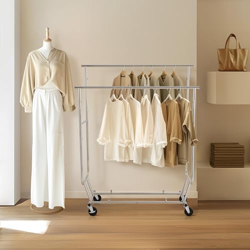 Yaheetech Industrie Kleiderständer Stabiler Garderobenständer 2 Kleiderstange mit Rollen Ausziehbarer Zusammenklappbar Höhenverstellbar Edelstahl