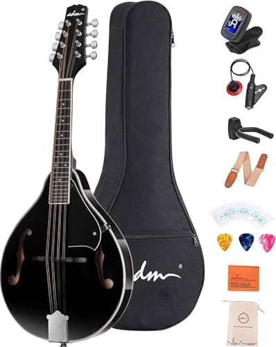 Image of ADM Acoustic Mandolin Instrument Kit Music A Style for Kids Students Adults Wood Mandolins Beginner Set With Bag, Tuner, Pick-up, Strap, Strings, Picks and Hanger, Drak Black