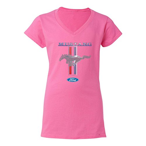 Mustang Logo Ford Symbol Women's V-Neck Shirt Tee Motor Classic Cars Racing Tee Pink, Medium