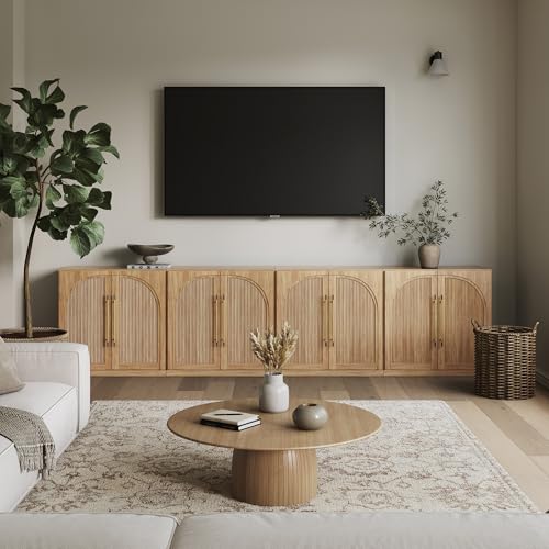 Image of BELLEZE 4-Piece Modular TV Stand Set -Fluted Entertainment Center with Double-Arc Doors,Modern Sideboards with Adjustable Shelves,Classic Media Console Table Cabinet for Living Room (Camel)