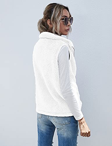 Raphin Damen Westen Ärmellos Teddy-Fleece Warm Mode Mantel Damen Winter Elegant Einfarbig Reißverschluss Lose Pelz Weste Mit Taschen(Weiß,L)