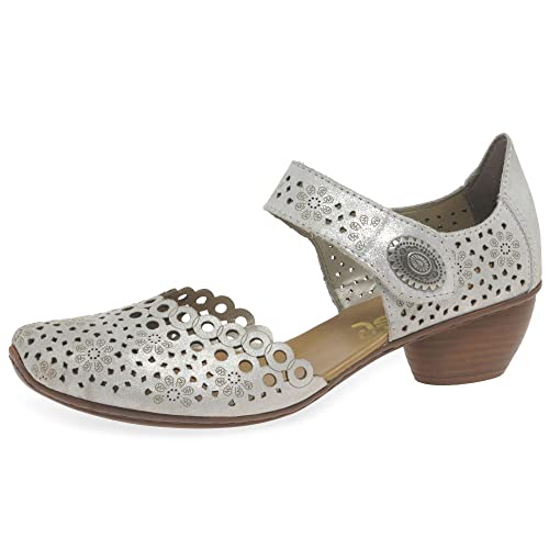 Rieker 43753 Mirjam Women's Mary Jane Heels - Low-Heel Leather Shoes with Adjustable Ankle Strap & Laser-Cut Design - Comfortable Women’s Heels for Casual & Dressy Wear Silver 5-5.5 M US