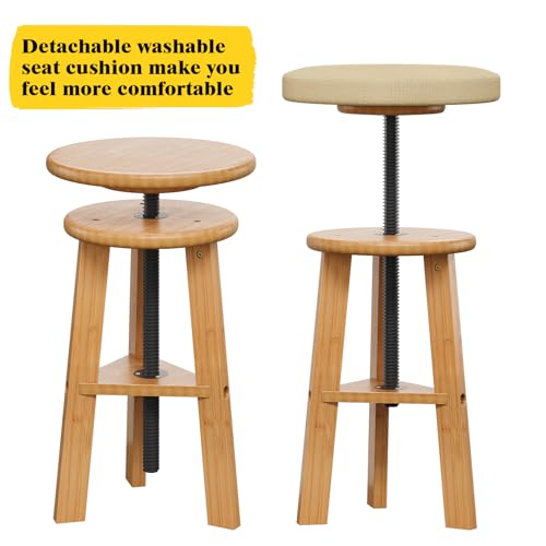 Image of Trironsun Adjustable Height Bamboo Drafting Stool with Canvas Padded Seat 19 inch-26 inch Swivel Drafting Chair for Drawing, Painting, Office, Kitchen, or Home Studio Natural Finish