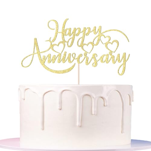 Auteby Happy Anniversary Cake Topper Gold Glitter Wedding Anniversary Cake Decorations with Hearts Anniversary Party Supplies for Golden Jubilee (gold)