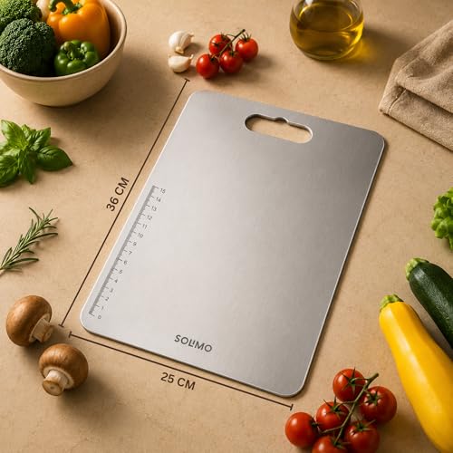 Buy Amazon Brand - Solimo Regular Chopping Slicing, Kneading Board | Stainless Steel | Double Sided | Round Edge | for Vegetables, Fruits (L) Online at Low Prices in India - Amazon.in - Image 3