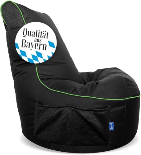 Bruni Cockpit – schwarzer Gaming-Sitzsack zum Zocken mit Lehne und Fach, Indoor und Outdoor geeignet, in Deutschland gefertigt (Schwarz/Grün)
