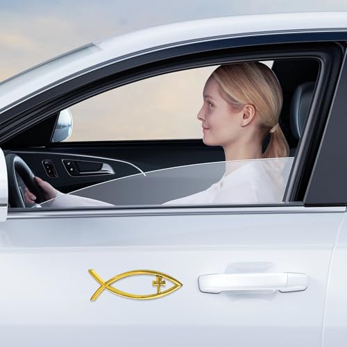 Image of 2PCS Christian Cross Fish Car Emblem, Large Jesus Fish Cross Auto Emblem Badge Bumper Sticker, Weatherproof Christian Fishes Symbol Ichthus Religious Decal for Most Vehicles (Golden+Golden)