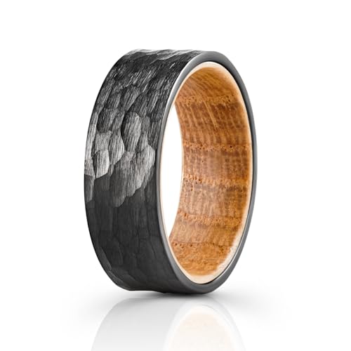 Gentlemen's Bands Premium Black Tungsten Hammered Wedding Band with Real Whiskey Barrel Wood | Wedding Ring Is Ideal Gift | Package Includes Silicone Band, Walnut Box, Leather Pouch