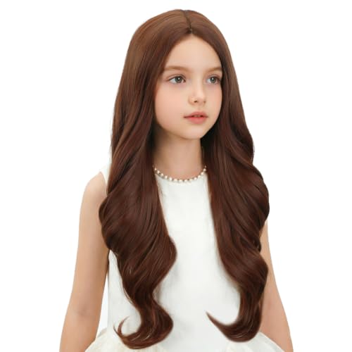 Image of Kids Ginger Orange Wig Long Dark Orange Wavy Curly Wig for Child Girls Long Ginger Middle Part Wigs Heat Resistant Synthetic Wigs with Cap