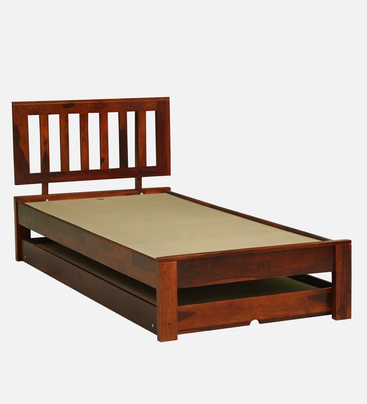 Image of Solid Sheesham Wood Wave Single Bed with Box Storage, Wooden Single Bed Cot Palang for Bedroom, Guest Room, Home and Hotel, Honey Oak Finish Durable Wooden Furniture