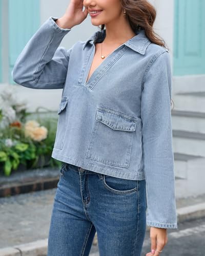 Image of Kedera Women's V Neck Denim Jackets Boyfriend Loose Fit Bussiness Casual Jean Pullover Tops