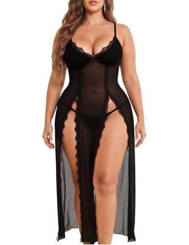 Image of Alrovetoney Plus Size Lingerie For Women Babydoll Sexy Mesh Maxi Nightdress Exotic Sleepwear Side Slits