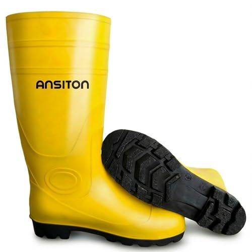 ANSITON Men's Steel Toe Rain Boots, Lightweight Waterproof PVC Work Boots with Cuttable Shaft, Slip & Oil Resistant for Farming & Construction - Yellow, Size 12