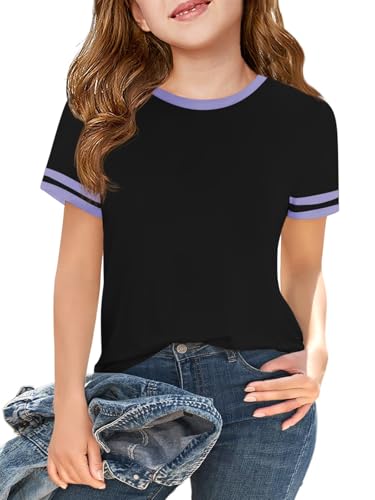 Image of Haloumoning Girls Short Sleeve T Shirts Kids Summer Crewneck Color Block Tops Fashion Tees 5-14 Years