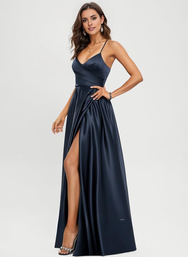 Women's V Neck Bridesmaid Dresses with Slit Ruched Waist Satin Pleated Formal Party Dress NO982