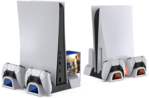 Multifunctional Cooling Fan with Dual Controller Charging Dock for PS5, PS5 Pro and PS5 Slim, Three Speed Fan, Disc Storage