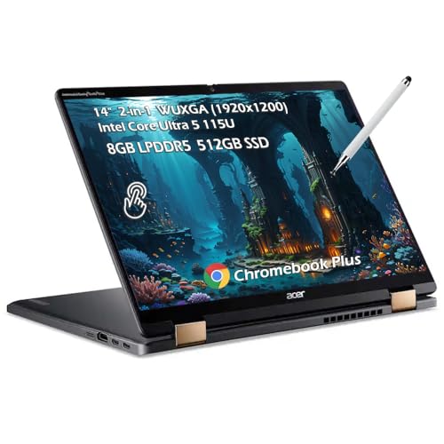 Image of acer Chromebook Plus Spin 714 2-in-1 Laptop, Intel Core Ultra 5 115U, 14 inch 1920x1200 IPS Touch Display, 8GB LPDDR5 512GB SSD, Backlit KB, Wi-Fi6E, Bluetooth, Chrome OS, Gray, w /Stylus Pen, W /GaLiMu