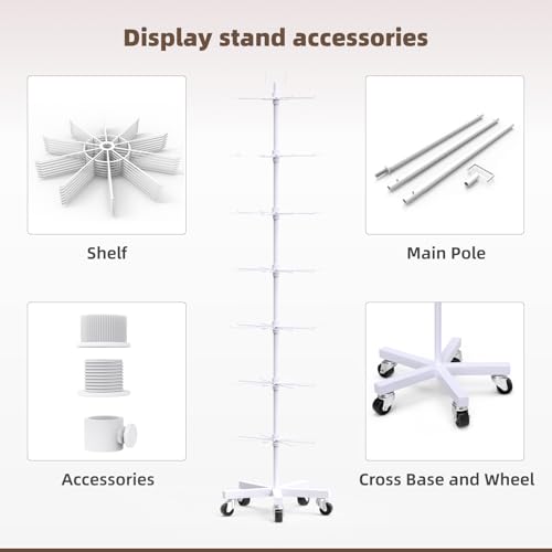 Image of Upgraded Retail Display Stand 7 Tier Spinning Display Stand, Movable Shop Spinner Rack with Hooks, Retail Display Racks for Jewelry Keyring Hats Socks Toys (White)