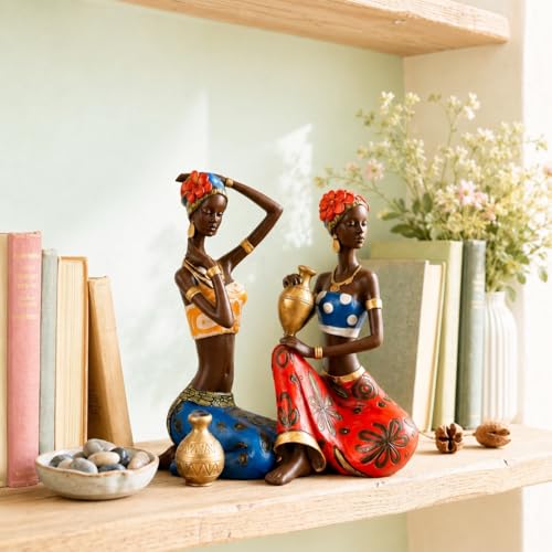 Image of Amazon Basics Vibrant Tribal Lady Figurine Set for Home & Office Decor | Artistic Cultural Sculpture Showpieces for Living Room, Shelf, Console & Study Table Styling (Multicolor, 23 cm)