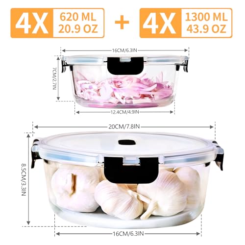 8 Piece Black Glass Container Set (20.9+43.9 OZ) - Round Meal Prep Containers With Lids for Microwave, Oven, Freezer and Dishwasher