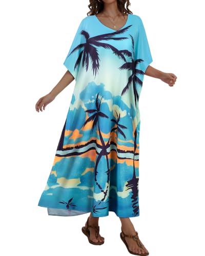 Image of Kaftan Dresses for Women V Neck Caftan Batwing Sleeve Swimsuit Cover Up | JILUVIN Plus Size Beach Swimwear Dress, Loose Fit Maxi Print Moomoo, Casual Mumu Nightgown Mrs Roper Costumes Vocation 2026