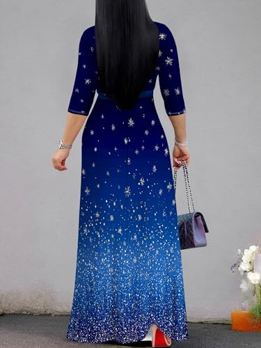 Image of Women's V Neck Floral Maxi Dress 3 /4 Sleeve Plus Size Boho Wrap Flowy Long Dresses with Belt