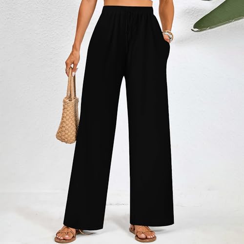 Womens 2025 New Floral Print Palazzo Pants Boho Stylish High Waist Elastic Drawstring Lounge Travel Wide Leg Pants3