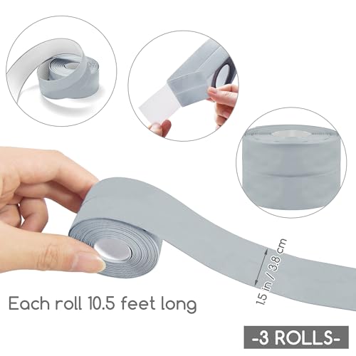 Image of 3 Rolls 1.5 Inch Caulk Tape Self Adhesive Toilet Caulking Strip Bathroom Sealing Caulk Strip Peel and Stick Bathtub Caulking Tape, 10.5 Feet Each Roll (Grey)