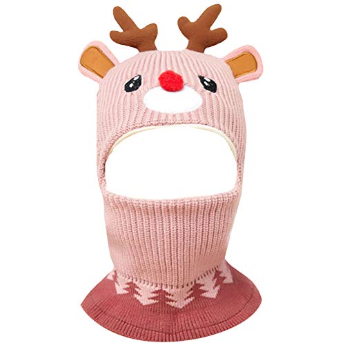 Meliya - Gorro para pasamontañas de invierno con capucha de reno de dibujos animados para niños, con forro polar térmico, calentador de cara de esquí, rosa, Talla única