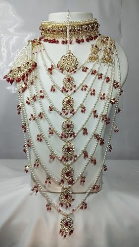 Image of TAZAKKA satlada traditional indian seven stand pearl necklace mughal hisporicall with jadavi earrings side jhumar maang tikka 5pies set