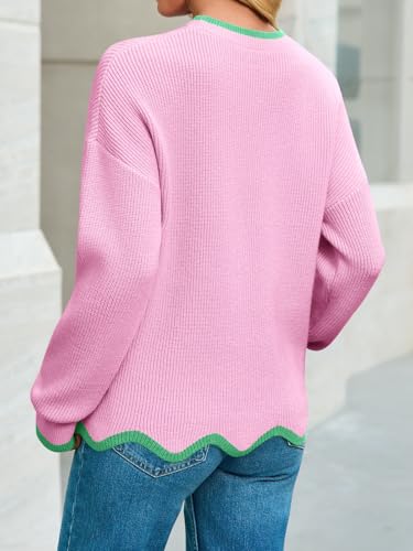Saodimallsu Womens Contrast Color Pullover Sweaters Crewneck Knit Tops with Wave Hem Long Sleeve Sweater Fall 20254