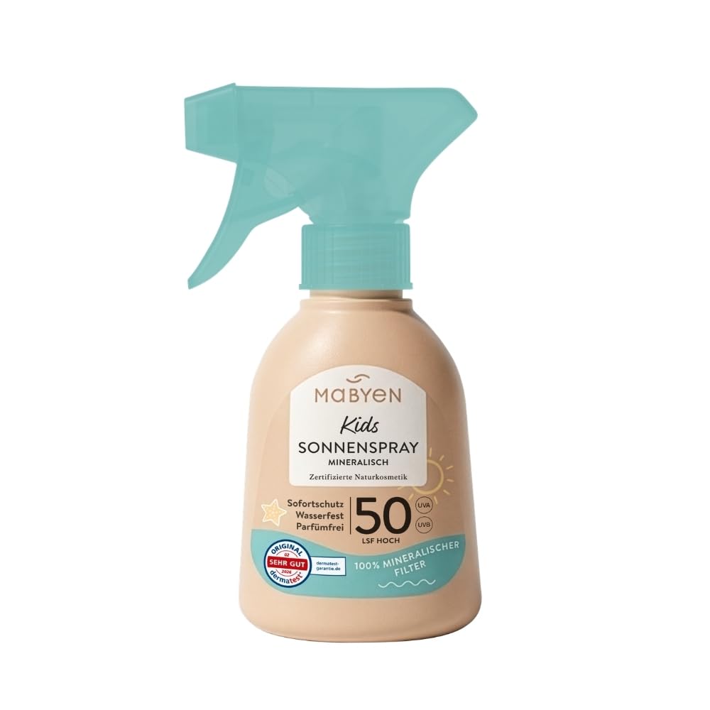 MABYEN Spray solar para niños FPS 50 - 100% filtro UV mineral - Protección inmediata sin tiempo de aplicación - Resistente al agua - Certificada como cosmética natural y libre de perfumes
