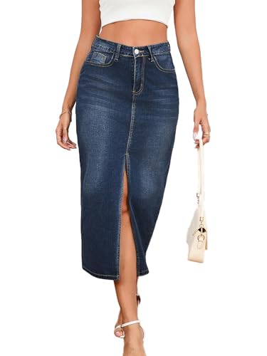 Women's Casual Jean Skirt High Waist Slit Midi Denim Skirt
