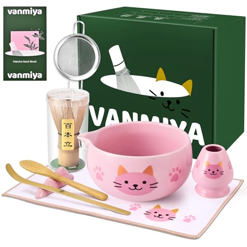 Vanmiya Matcha Whisk Set, 8Pcs Matcha Set for Ceremony, Matcha Whisk and Ceramic Bowl with Matcha Scoop & Sifter and All Accessories for Breakfast, Afternoon Tea, Ideal Gift Christmas, Anniversary