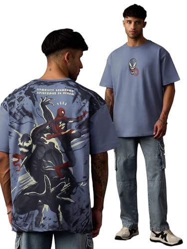 Image of The Souled Store Official Marvel: Spider x Venom Oversized T-Shirt for Men Boys Cotton Casual Half Sleeves Baggy Loose Fit Drop Shoulder Round Neck Black