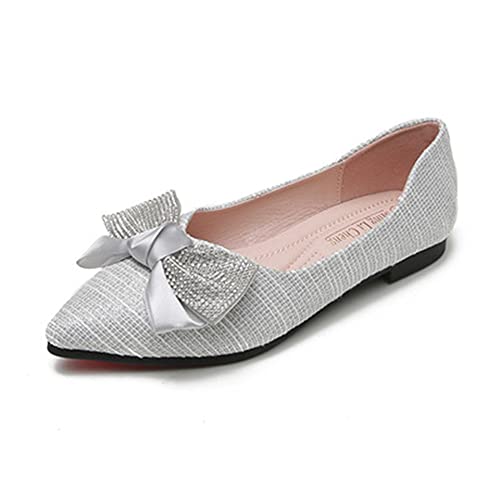 LUXINYU Women's Slip on Flats,Comfortable Soft Bottom Pointed Toe Flat Shoes, Elegant Shallow Rhinestone Bowknot Women's Shoes,Silver,10