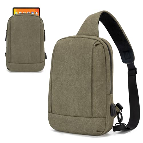 For 9-11 Inch iPag Bag Tablet Bag with USB Charing Port and Adjustable Shoulder Strap Tablet Carrying Sleeve Fit for 11 Inch iPad Air, iPad Pro, iPad Mini (Canvas, Green)