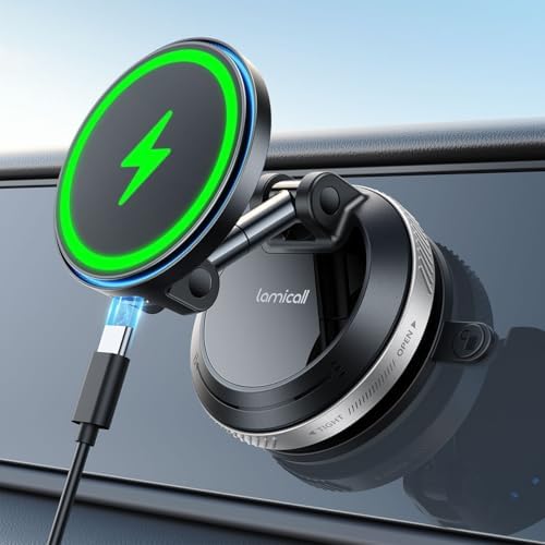 Lamicall 15W für MagSafe Autohalterung mit Ladefunktion Handyhalterung Auto | [TOP Vakuum] Magnetisch Handy Halterung Auto Saugnapf Armaturenbrett & Scheibe, Handyhalter Ladegerät