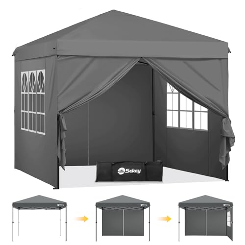 Sekey Premium Pop Up Pavillon 3x3 Wasserdicht Stabil, 3 x 3 m Pavillon mit Seitenwänden, Faltpavillon Partyzelt Faltbar für Camping Party, Höhe Verstellbar 250-270cm, (Grau, Mit Seitenwänden)