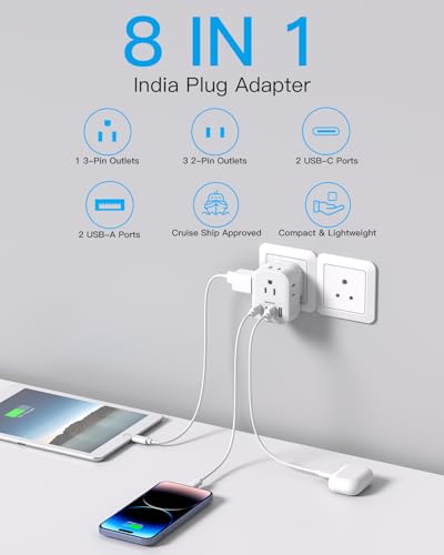 Image of US to India Plug Adapter, HANYCONY Type D Travel Adapter, 2 Pack
