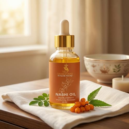 Image of Ved Sanjeevani Seabuckthorn Nabhi Oil Ayurvedic Belly Button Oil Immunity Booster Omega 3 6 7 9 Vitamins A C E K Skin Glow Energy Antioxidant Pechoti Therapy 30ML