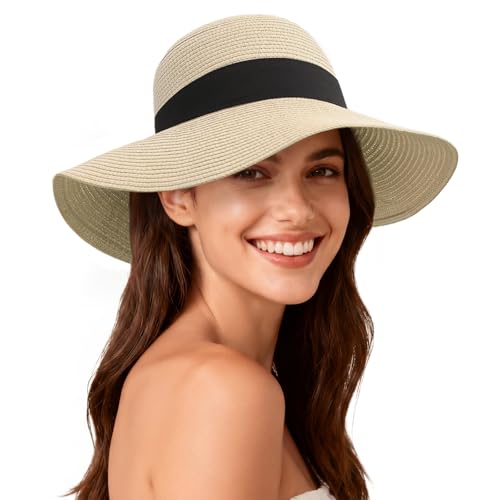 Image of Beach Hat for Women, Wide Brim Sun Straw Hats for Women, Sun Hat Womens UPF 50+ UV Protection, Floppy Foldable Summer Hats