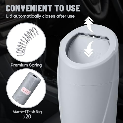 Image of Car Trash Can Bin with Lid - Car Garbage Can Cup Holder - Grey Mini Leakproof Vehicle Garbage Bin with 20pcs Trash Bags-Automotive Organizers and Storage for Front Back Seat Accessories
